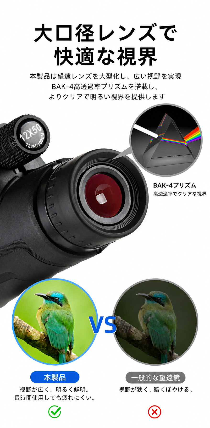 単眼望遠鏡 12倍 高倍率 BAK4プリズム FMC多層コーティング 高透過レンズ スマホ撮...