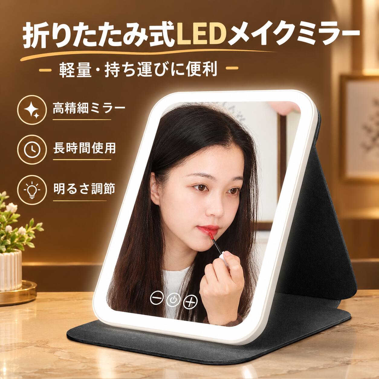 毎日のメイクを、もっと快適に。 明るさと見え方にこだわった、折りたたみ式LED女優ミラーです。 【3色のLEDライト】 暖色・昼白色・昼光色の3種類のライトを搭載。 メイクやスキンケア、ヘアセットなど、シーンに合わせて光の色を使い分けできます。 【タッチ操作で簡単調整】 タッチ操作でライトのON/OFFや明るさを調整可能。 お好みの明るさに合わせて、細かく調整できます。 【折りたたみ式で省スペース】 使わないときはコンパクトに折りたためるので、収納にも便利。 自宅での使用はもちろん、旅行や出張などの持ち運びにもおすすめです。 【角度調整可能】 ミラーの角度をお好みに合わせて調整でき、メイクしやすい位置にセットできます。 【Type-C充電対応】 Type-Cポートを採用し、充電も手軽。 コードを外してすっきり使える、便利な設計です。 【こんな方におすすめ】 ・毎日のメイクを快適にしたい方 ・顔を明るく照らしながらメイクしたい方 ・持ち運びできるミラーをお探しの方 ・デスクやドレッサー周りをすっきりさせたい方 ・プレゼントにもおすすめの実用的なミラーをお探しの方 ※ご使用前に商品の仕様・付属品をご確認ください。