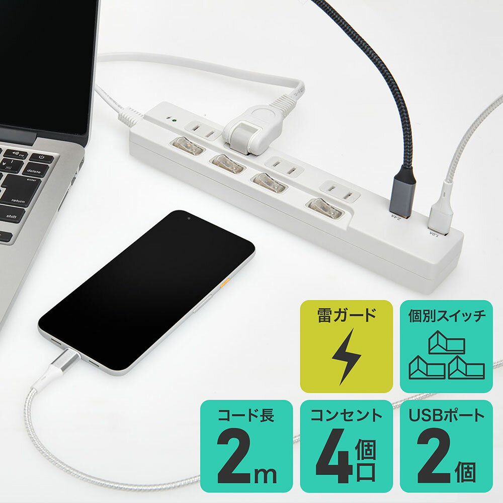 エルパ 電源タップ 個別スイッチ AC4個口 USB-A×2 コード長2m 雷ガード WBK-4232SUA(W)