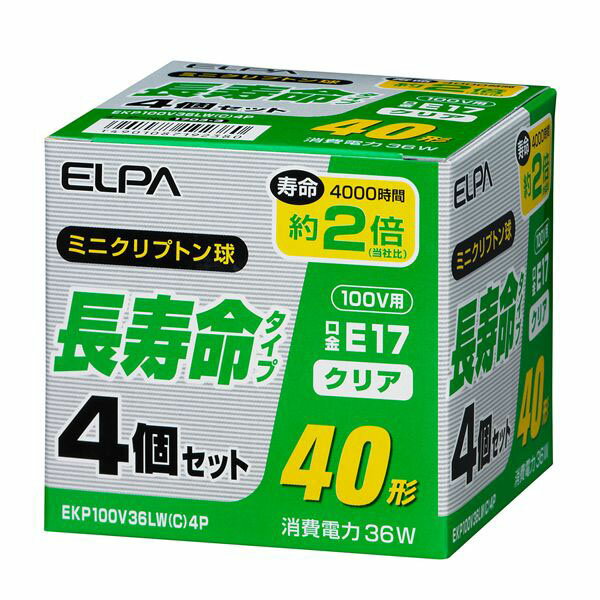 エルパ ミニクリプトン球 長寿命タイプ 40W形 100V E17 クリア 4個入 EKP100V36LW(C)4P