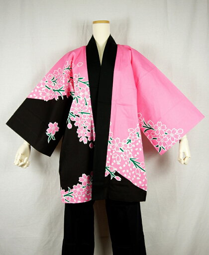 法被 半纏 半被 半天 袢天 顔料染め (ピンク/黒) 綿100% 桜に扇子 祭り 衣装 大祭 祭禮 神輿 イベント 夏祭り 秋祭り まつり はんてん はっぴ ハッピ 男女兼用