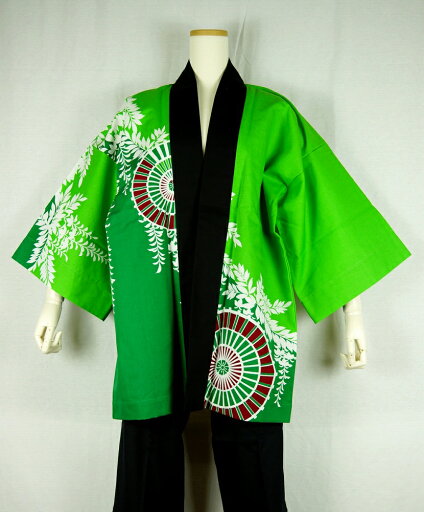 法被 半纏 半被 半天 袢天 反応染め (緑) 綿100% 藤に傘 祭り 衣装 大祭 祭禮 神輿 イベント 夏祭り 秋祭り まつり はんてん はっぴ ハッピ 男女兼用