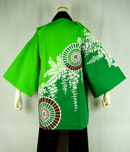 法被 半纏 半被 半天 袢天 反応染め (緑) 綿100% 藤に傘 祭り 衣装 大祭 祭禮 神輿 イベント 夏祭り 秋祭り まつり はんてん はっぴ ハッピ 男女兼用