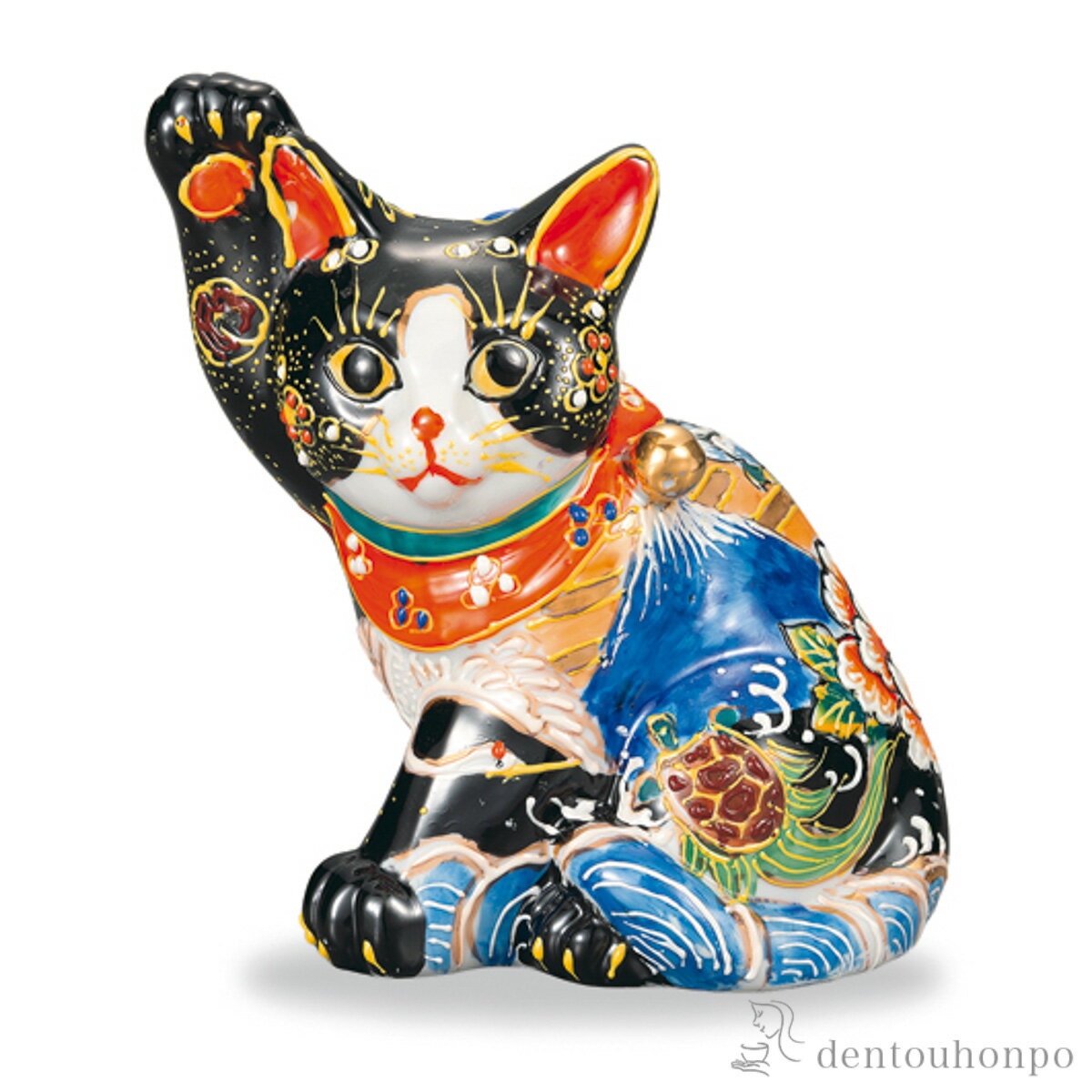 横座招き猫 黒盛鶴亀花と蝶 5.5号 ( 木札名入れ有料 初任給 プレゼント 母の日 置物 幸運 開運 まねきねこ 風水 九谷焼 結婚 出産 内祝い 引き出物 金婚式 誕生日プレゼント 還暦祝い 古希 喜寿 米寿 退職 定年 プレゼント お祝い お返し )（楽天・伝統本舗）