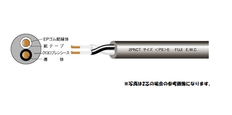 ・価格は1mの単価になります。 ・注文は10m以上、1m単位でお願いいたします。 　（11mは可。5mは不可です。） ＜用途＞ ・工場現場などに仕様する600V以下の移動用電気機器の電源 　回路などにご使用いただけます。 ・絶縁体にエチレンプロピレンゴム、シースにクロロプレンゴムを 　被覆したもので耐熱性に優れています。 ・一般のCTに比べて許容電流が大きくなりますので、サイズに 　より一回り小さいものでの使用も可能です。 ☆2PNCT 1.25スケ×3芯 の 商品の特徴 　・仕上り外径：約10.5mm 　・許容電流　：18A【周囲(基底)温度30℃以下】 ☆領収書が必要な場合は、ご指示いただければ対応いたします。 　法人印のある領収書を発行いたします。