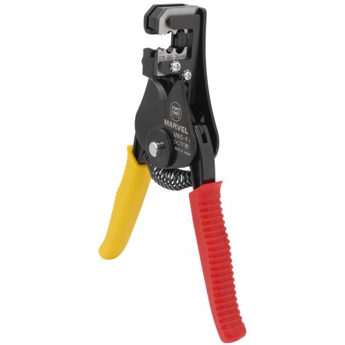マーベル ワイヤーストリッパー VCTF用 MWS-F1 ・電線適用サイズ:0.75mm×2心・0.75mm×4心・0.75mm ・全長:180mm ・グリップ色:イエロー・レッド 心線に傷を付けずに簡単にできます。 刃物用特殊鋼を採用し、適正な焼入処理が施されています。 エコ電線にも対応しています。