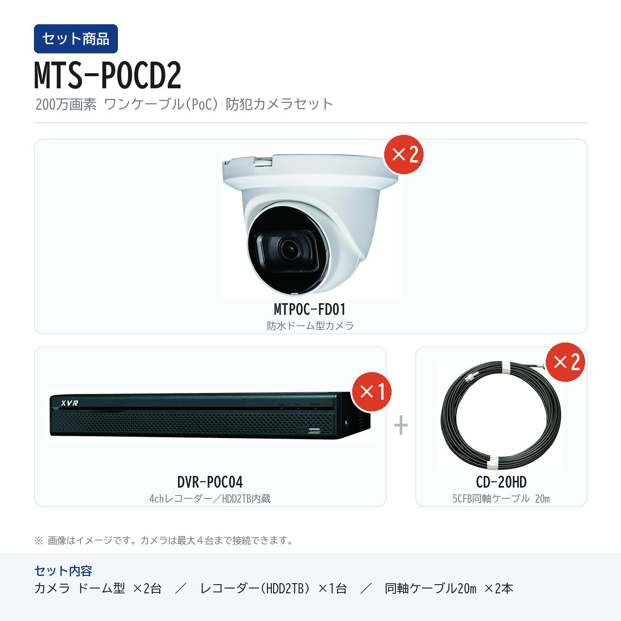 マザーツール 【メーカー直送品】200万画素防水ドーム型PoCカメラ×2台+4chレコーダ...