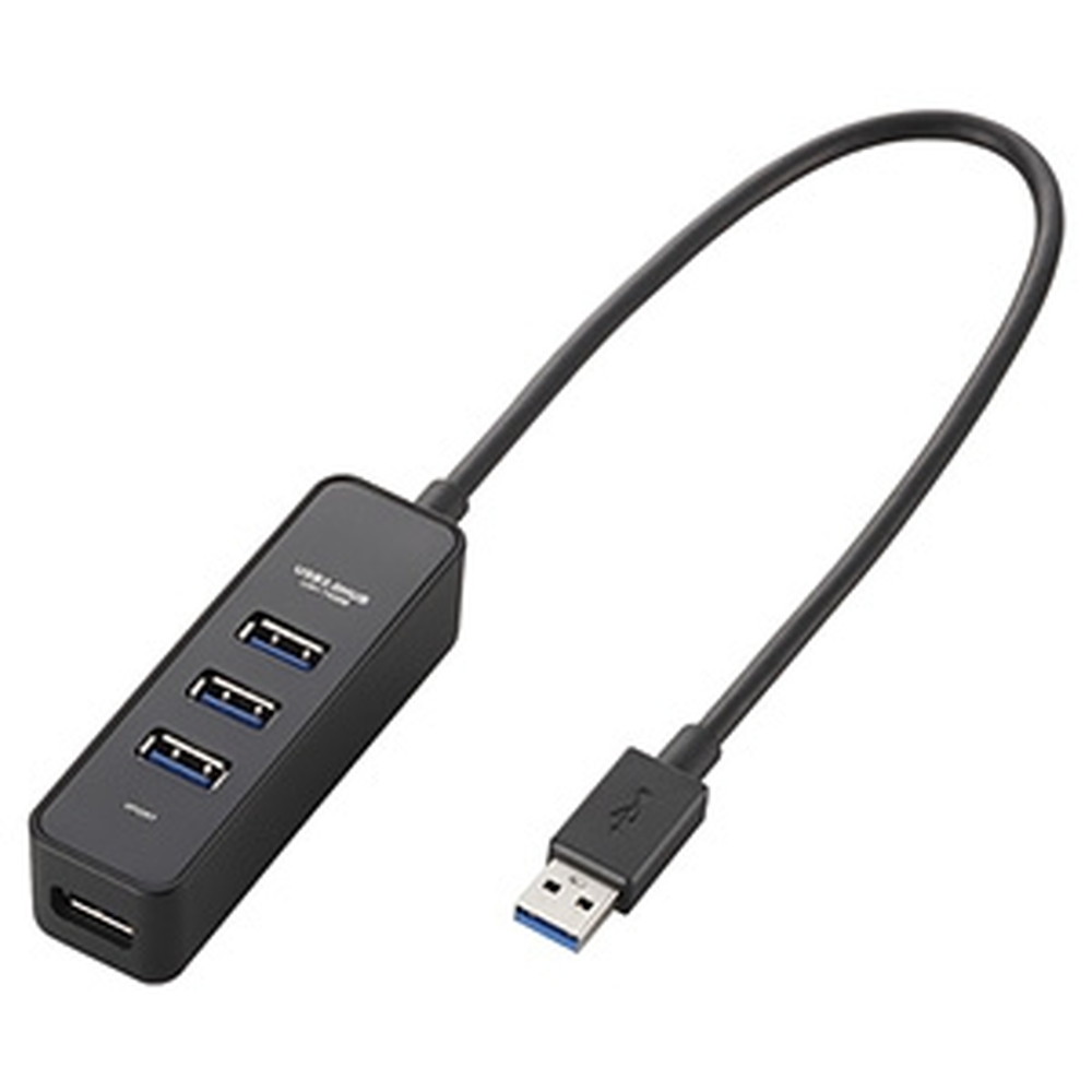 【特長】●転送速度5Gbpsと従来のUSB2.0の約10倍の転送速度(理論値)を実現するUSB3.0に対応したUSBハブです。●USB3.0対応のパソコン・機器であれば、大量のデータも高速に転送可能です。●USB2.0・1.1環境でも使用できるので、USB2.0・1.1対応のパソコン・機器でもそのまま接続可能です。●抜き挿ししやすい3つのトップポートに加え、サイドに1ポートを装備し、幅広のUSB機器を接続するのに便利です。●ACアダプタ不要のバスパワー専用タイプです。●給電電流がUSB2.0に比べて80%向上し、複数の機器をつないでも安定した動作が可能です。●スチール製のデスクなどにしっかりと固定できる強力マグネットを装備しています。●液晶一体型パソコン背面に搭載されているUSBポートを手元に配置できる最適なケーブル長30cmを採用しています。【仕様】●メーカー:ELECOM●型番:U3HT405BBK●商品名:USB3.0ハブ●バスパワータイプ●インターフェイス:USB3.0※USB2.0インターフェイス接続時はUSB2.0互換で動作、USB1.1インターフェイス接続時はUSB1.1互換で動作●最大転送速度(bps):USB3.0スーパースピード 5G(理論値)、USB2.0ハイスピード 480M(理論値)、USB1.1フルスピード 12M(理論値)●アップストリーム(パソコン側)ポート数:1●ダウンストリーム(周辺機器側)ポート数:4●コネクタ形状:・パソコン側(アップストリームポート):USB A(オス)・USB機器側(ダウンストリームポート):USB A(メス)×4●電源方式:バスパワー●供給可能電流(mA):・USB3.0接続時:4ポート合計720以内(各ポート180未満)・USB2.0接続時:4ポート合計400以内(各ポート100未満)●USBケーブル方式:USB3.0●動作環境:温度5〜40℃、湿度30〜80%(結露なきこと)●カラー:ブラック●USBケーブル長(cm):約30(コネクタを除く)●外形寸法(mm):約幅112×奥行32×高さ22(ケーブルを除く)●重量(g):約90●対応OS:・Windows:10、8.1、7(SP1)、Vista(SP2)、XP(SP3)・Mac:OS X 10.6〜10.6.8、OS X 10.7〜10.7.5、10.8〜10.8.3