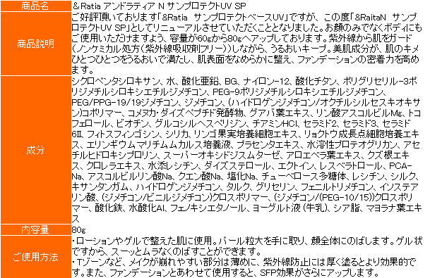 ＆Ratia アンドラティア N サンプロテクトUV SP 80g SPF30PA++ 日焼け止めゲル ジェル 顔用 ボディ用 全身用【送料無料】
