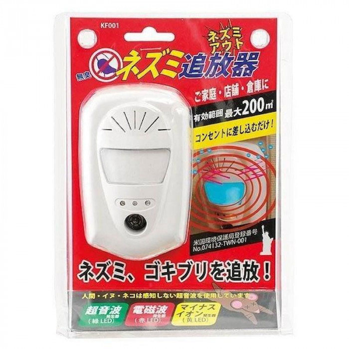 fk094igrjs有効範囲最大200m2です。コンセントに差し込むだけです。人間・イヌ・ネコは感知しない超音波を使用しています。超音波に加え、電磁波発生器、マイナスイオン発生機がアシストします。サイズH60×W155×D210mm個装サイズ：6.0×15.5×21.0cm重量個装重量：250g生産国台湾