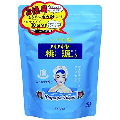 メーカー直送のため代引き・同梱はご利用になれません。商品名に【SG】の記載のある商品とは1件分の送料で同梱可能です。それ以外の商品をご注文の場合は別途送料が発生いたします。ほかのパパヤ桃源Sはこちらから！＜使用方法＞180リットルのお湯に本品約7gを加えて入浴してください。五洲薬品おすすめポイント・たんぱく質分解酵素「パパイヤ酵素」（保湿剤）配合・モモ葉エキスがお肌にうるおいを与えます・昔ながらの変わらぬ雰囲気　ジャスミンの香り元祖入浴剤　懐かしさが心地よいレトロバスタイム 昭和42年に発売以来、長く愛されているロングセラー商品。 有効成分が温浴効果を高め、血行を促進。荒れ性、しっしん、あせもなど17の諸症状緩和の効能効果がある医薬部外品の入浴剤です。また商品名にも使用されている「パパイヤ-papaya-」からとれる「パパイヤ酵素」を配合し、お肌をやさしく整えます。 1回分約7gのエコ設計、でも効能効果はしっかり。入るとなぜかほっとする、そんなお風呂で1日の疲れを癒します。 桃源って、なに？ 〜60年以上愛され続けてきた超ロングセラー入浴剤〜 桃源というネーミングは、この世のものとは思えないほどに美しく、素晴らしいとされる桃源郷（ユートピア）のように、毎日の入浴がすこやかで美しくあるようにとの願いをこめて名付けられました。 色や香りだけではなく、入浴効果による「美と健康」を追求し、入浴剤では史上初となるたんぱく質分解酵素「パパイン（パパイヤ酵素）」を保湿剤として配合したパパヤ桃源など、独自の発想と技術で数々の製品を発売。その優れた入浴効果は今も多くの方々に支持されています。 ＜使用上の注意＞ 入浴以外の用途に使用しないでください。 皮膚あるいは体質に異常がある場合は医師に相談の上使用してください。 使用中や使用後、皮膚に発疹、発赤、かゆみ、刺激感等の異常が現れた場合は使用を中止し、医師に相談してください。 本品は食べられ ません。万一大量に飲み込んだときは、水を飲ませるなどの処置をし医師に相談してください。 浴槽がすべりやすくなることがありますので注意してください。 本品には浴槽・風呂釜をいためるイオウは入っておりません。 本品を使用後、風呂釜内部や循環孔のフィルターなどを水洗いしてください。 石鹸、皮膚、水質の影響で浴槽がザラつく場合があります。その時はすぐに中性の浴槽洗浄剤で洗い落としてください。落ちない場合は酸性の浴槽洗浄剤（又はお酢）をお使いください。 残り湯は洗濯に使用できますが、すすぎは清水で行ってください。ただし以下の場合は使用しないでください 。 （1）柔軟仕上剤との併用（2）おろしたての衣類（3）つけおき 水道水中の消毒用塩素濃度が高い地域では 、若干お湯の色が変化することがありますが品質に影響ありません。 本品の粉末が浴室や浴槽の表面に直接付着した場合は、着色する恐れがありますので放置せず、すぐに洗い流してください。 大理石・木製・ホーローの浴槽、24時間風呂には使用を避けてください。 ＜保管上の注意＞ 乳幼児（幼少児）の手の届かない所に保管してください。 湿気を帯びると色調や香りが低下することがありますので保管に注意してください。 高温多湿の所には置かないでください。