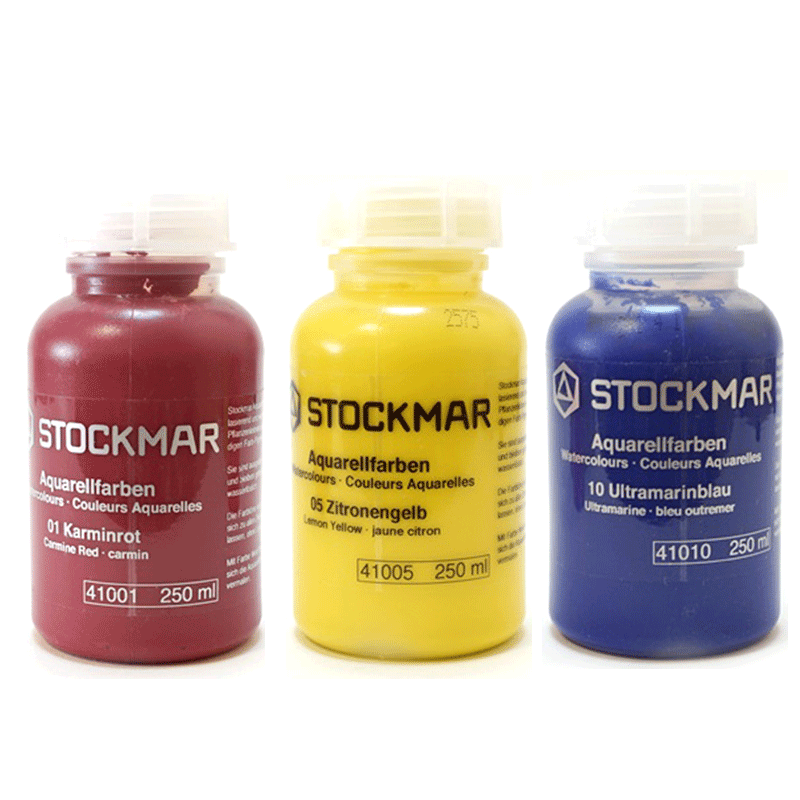 楽天木のおもちゃ　デポーSTOCKMAR シュトックマー ドイツ製 透明 水彩絵具 単色 250ml 2歳+ （01洋紅色 05レモンイエロー 10ウルトラマリンブルー） 絵の具 知育玩具 児童館