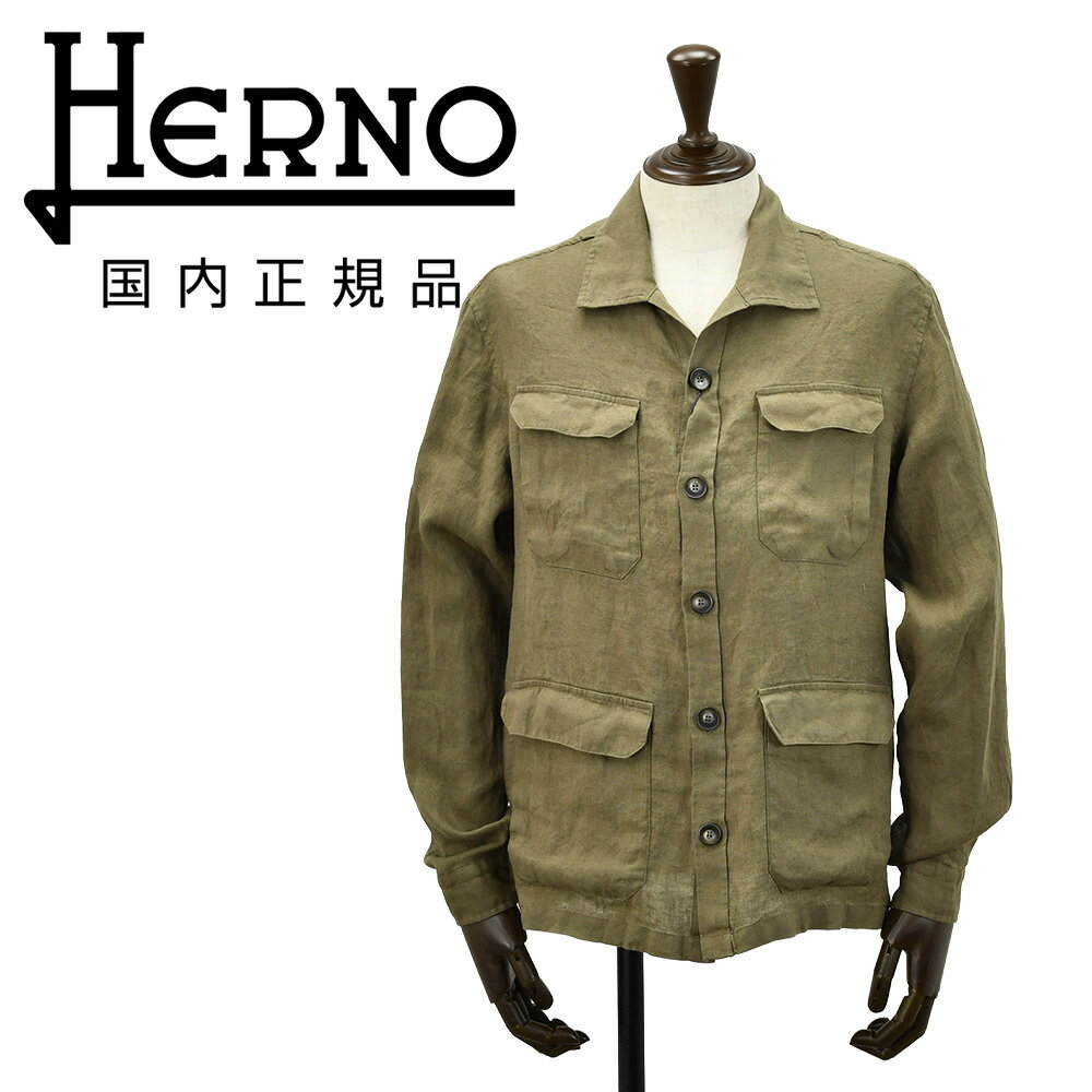 樂天商城 - ヘルノ　　HERNO サファリジャケット メンズ M-65型ライトブルゾン ガーメントダイピュアリネン ダークオリーブ 軽量＆薄手 レギュラーフィット FI000152U ミリタリーアウター 国内正規品 オクテット