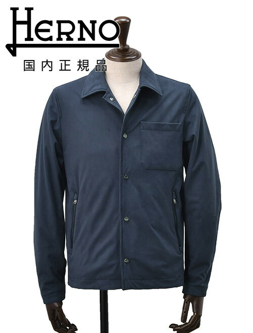 ヘルノ メンズ リゾート HERNO RESORT シャツブルゾン 中綿ライトアウター ストレッチエコスエード ネイビー 紺 SUEDE EFFECT GI00066UR 胸ポケット レギュラーフィット 国内正規品 でらでら 公式ブランド