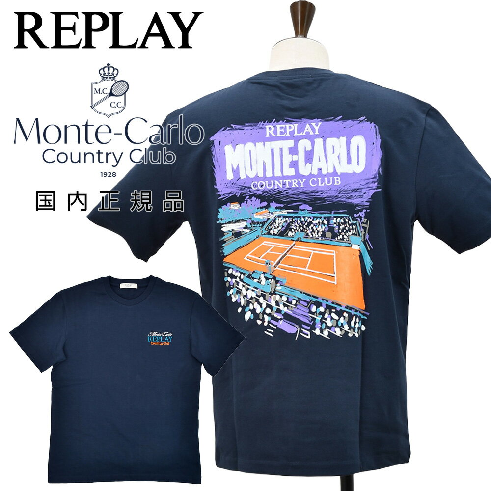 リプレイ×モンテカルロ カントリークラブ　　REPLAY×Monte Carlo Country Club バックプリントTシャツ メンズ 半袖カットソー コットンジャージー ネイビー 紺 クルーネック オーバーサイズ 国内正規品 オクテット