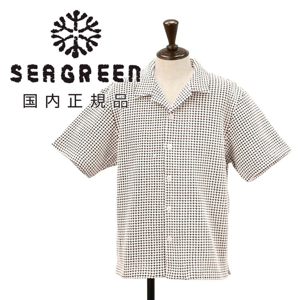 樂天商城 - 【8のつく日はポイント8倍】シーグリーン　　Seagreen 半袖開襟シャツ メンズ オープンカラーシャツ ビッグワッフル BIG WAFFLE ホワイト×ブラウン コットンポリ リラックスシルエット 裾スリット仕様 オニワッフル 国内正規品 でらでら 公式ブランド