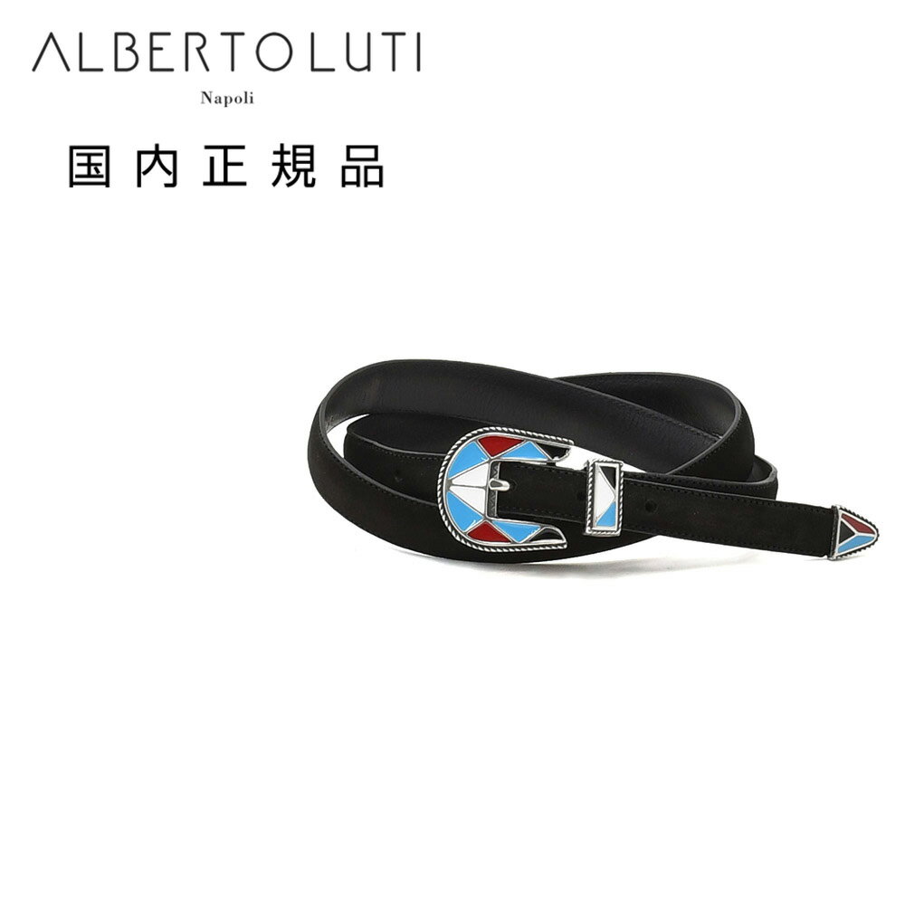 樂天商城 - アルベルト ルティ　　ALBERTO LUTI　レザーベルト メンズ プンターレ カーフスエードレザー ブラック 黒 2.5cm幅 ガラスバックル ブランド刻印 国内正規品 オクテット