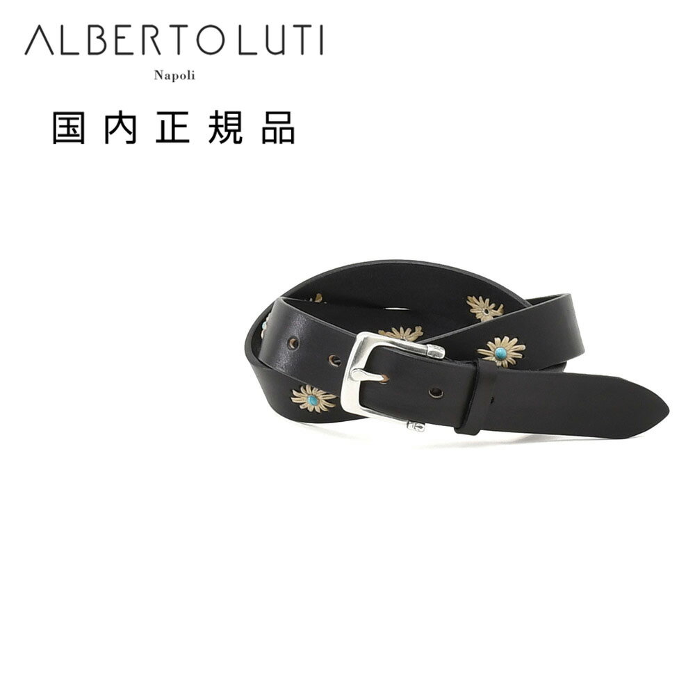 樂天商城 - 【8のつく日はポイント8倍】アルベルト ルティ　　ALBERTO LUTI　レザーベルト メンズ ターコイズ装飾ベルト カーフスムースレザー ブラック 黒 3cm幅 アンティーク真鍮バックル ブランド刻印 国内正規品 オクテット
