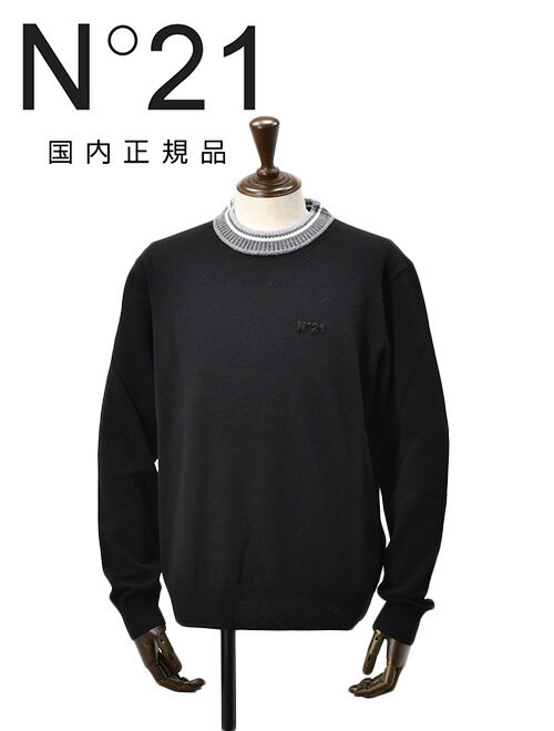 ヌメロ ヴェントゥーノ N°21 クルーネックニット メンズ 長袖セーター ウール 毛100% ブラック 黒 リブ配色デザイン エンボスロゴ レギュラーフィッ...