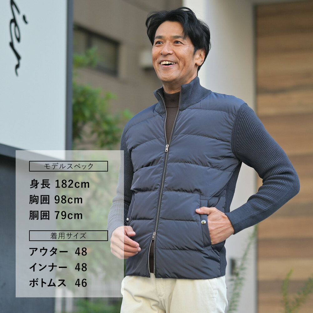 【ファイナルクリアランス20】ヘルノ　　HERNO ハイブリッドダウン メンズ ダウンジャケット フィッシャーマンリブ ネイビー 紺 切り替えデザイン 後身頃ニット スタンドネック シルバーパーツ 国内正規品 でらでら 公式ブランド
