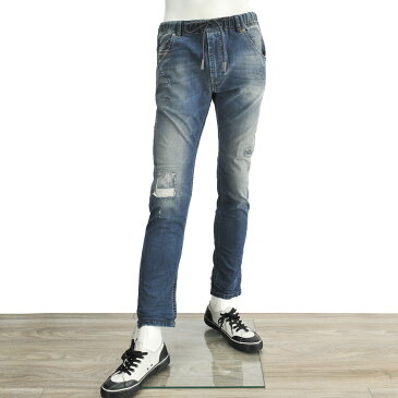 【32サイズ】ディーゼル　　DIESEL KROOLEY クローレイ JOGG JEANS グレイッシュブルー系 リヨセル エコロジカル素材がメイン　ゴムウエスト×カーキのロックステッチ　キャロットスキニージーンズ スウェットデニム