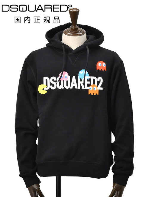 【early summer SALE 30%off】ディースクエアード　　DSQUARED2 プルオーバーパーカー メンズ PAC-MAN パックマンコラボ ブラック ピクセルアートプリント 裏起毛 レギュラーフィット 国内正規品 でらでら 公式ブランド