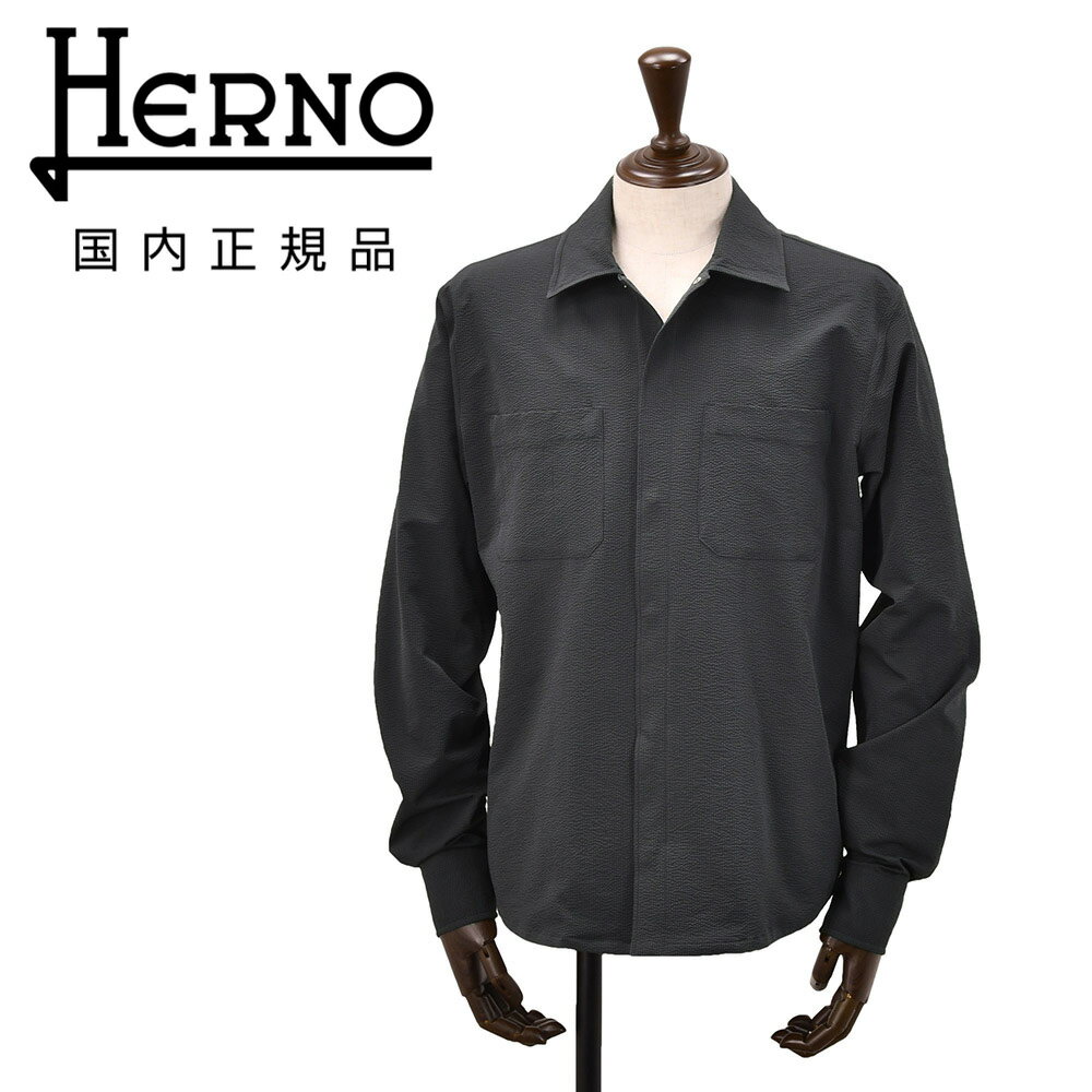 ヘルノ　　HERNO シャツブルゾン メンズ 長袖シャツ ポリエステルシアサッカー生地 ネイビー 紺 胸ポケットデザイン レギュラーフィット CM000020U 軽量 セットアップ可 国内正規品 でらでら 公式ブランド（楽天・でらでら メンズセレクトショップ）