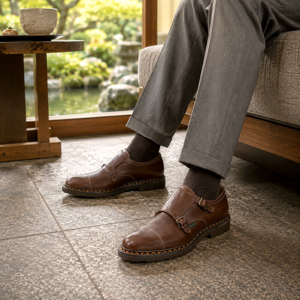 パラブーツ　　PARABOOT william MARRON-CAFE ダークブラウン系 LISオイルドレザー　色ステッチ　ダブルモンクストラップシューズ メンズ靴