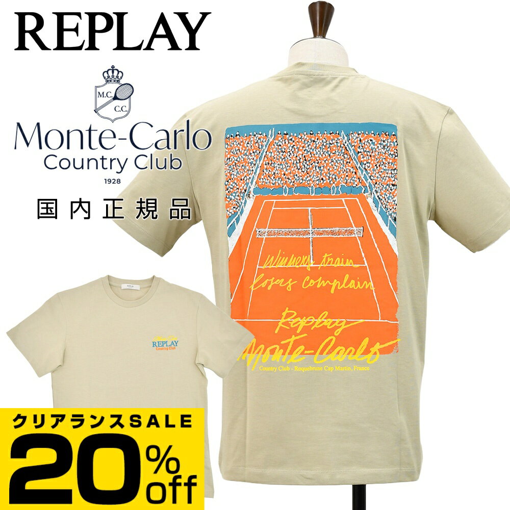 乐天商城 - リプレイ×モンテカルロ カントリークラブ　　REPLAY×Monte Carlo Country Club バックプリントTシャツ メンズ 半袖カットソー コットンジャージー ベージュ クルーネック オーバーサイズ 国内正規品 でらでら 公式ブランド