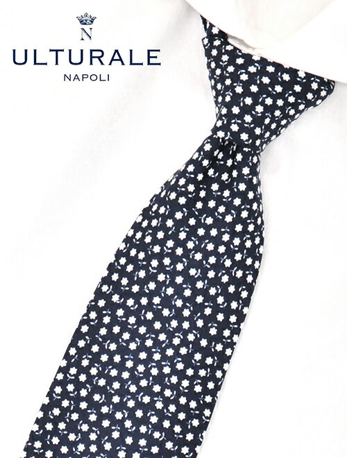 ウルトゥラーレ  ULTURALE メンズ シルクネクタイ 7つ折り セッテピエゲ ネイビー&ホワイトフラワー イタリア製 made in ITALY