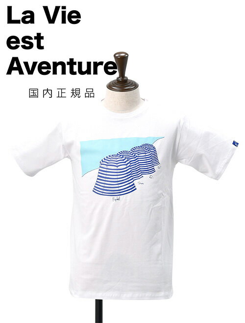 ラ ヴィ エ アバンチュール　　La vie est aventure 半袖Tシャツ メンズ クルーネックカットソー パラソルプリント ホワイト コットン天竺 レギュラースリムフィット ユニセックス フランスブランド