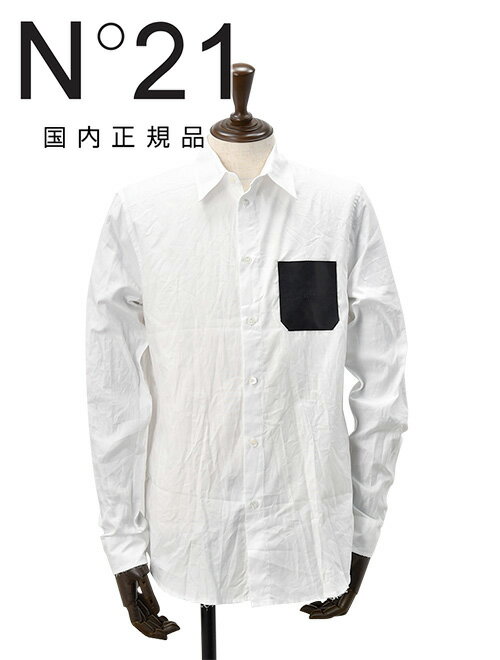 ヌメロ ヴェントゥーノ　　N°21 長袖カジュアルシャツ メンズ フェイクレザー胸ポケット ホワイト クリンクルコットン ダメージ加工 リラックスフィット 国内正規品 でらでら公式 ブランド