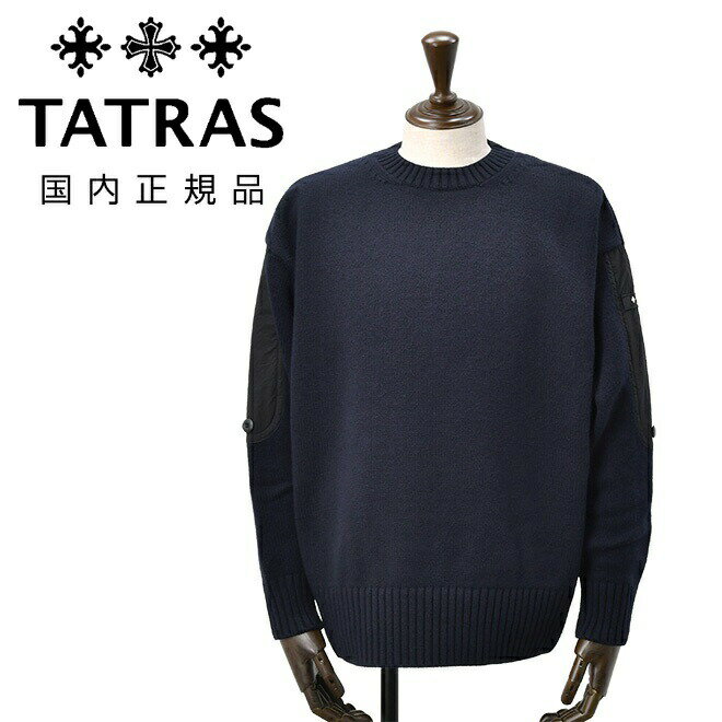 【ファイナルクリアランス20】タトラス　　TATRAS クルーネックニット メンズ ミドルゲージセーター ラスカリ LASCARI ネイビー 紺 ウール＆ワッシャーナイロン 異素材パターン リラックスシルエット 国内正規品 でらでら公式 ブランド