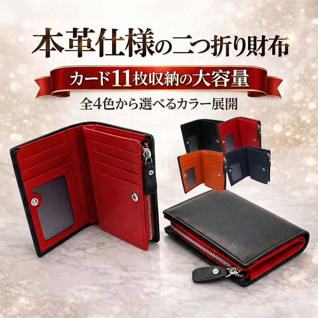 商品情報素材/材質本革サイズ/寸法【サイズ】約12cm × 9cm × 3cm【カラー】・ブラック×ブラック・ブラック×ネイビー・ブラック×レッド・ブラック×オレンジその他商品説明【商品特徴】シンプルで洗練されたデザインが魅力の本革二つ折り財布。大人の男性にふさわしい落ち着きと実用性を兼ね備え、ビジネスからカジュアルまで幅広いシーンで活躍します。【収納力】コンパクトな見た目ながら、小銭・お札・カードをしっかり収納できる大容量設計。日常使いに必要なものをスマートにまとめられます。【外側L字ファスナー小銭入れ】小銭入れは外側に配置。財布を開かずにL字ファスナーで素早く開閉でき、レジ前でもスムーズに使えます。【素材・使用感】上質な本革（マイクロファイバーレザー）を使用。手に馴染みやすく、使うほどに味わいが増す素材感が魅力です。【スキミング防止機能】カード情報を守るスキミング防止機能を搭載。海外旅行や人混みでも安心してご使用いただけます。注意【ご注意】※モニター環境により、実際の色味と異なる場合がございます。※入荷時期により、仕様やデザインが一部変更となる場合がございます。財布 メンズ 本革 二つ折り L字ファスナー ラウンドファスナー 小銭入れ 札入れ カード スキミング防止 コンパクト おしゃれ 大容量 軽量 折りたたみ 品格を手にする、大人の本革二つ折り。 【商品特徴】シンプルで洗練されたデザインが魅力の本革二つ折り財布。大人の男性にふさわしい落ち着きと実用性を兼ね備え、ビジネスからカジュアルまで幅広いシーンで活躍します。【収納力】コンパクトな見た目ながら、小銭・お札・カードをしっかり収納できる大容量設計。日常使いに必要なものをスマートにまとめられます。【外側L字ファスナー小銭入れ】小銭入れは外側に配置。財布を開かずにL字ファスナーで素早く開閉でき、レジ前でもスムーズに使えます。【素材・使用感】上質な本革（マイクロファイバーレザー）を使用。手に馴染みやすく、使うほどに味わいが増す素材感が魅力です。【スキミング防止機能】カード情報を守るスキミング防止機能を搭載。海外旅行や人混みでも安心してご使用いただけます。【カラー】・ブラック×ブラック・ブラック×ネイビー・ブラック×レッド・ブラック×オレンジ【サイズ】約12cm × 9cm × 3cm【ご注意】※モニター環境により、実際の色味と異なる場合がございます。※入荷時期により、仕様やデザインが一部変更となる場合がございます。 5