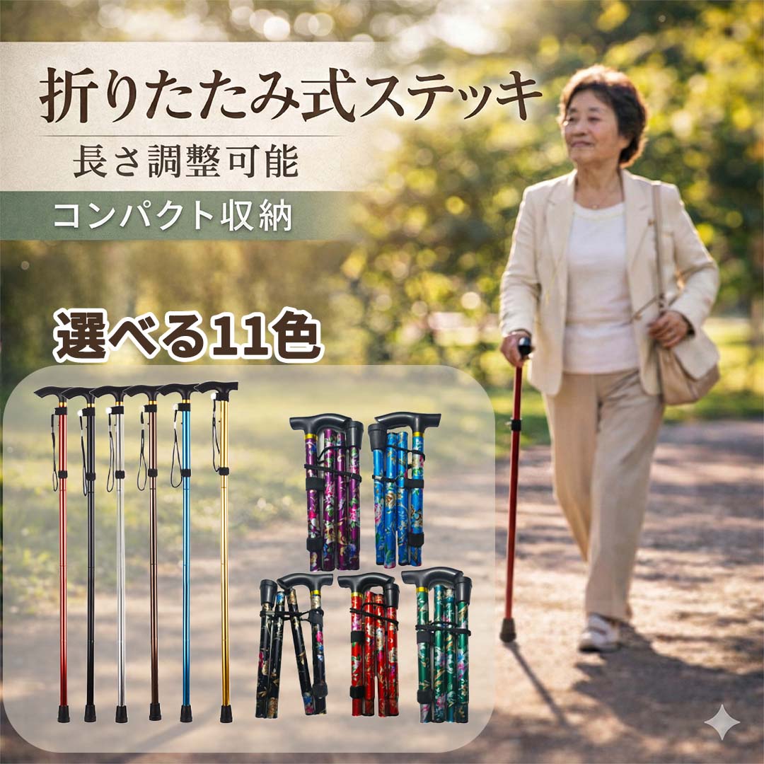 杖 折りたたみ 軽量 ステッキ アルミ 伸縮 調整 コンパクト 花柄 無地 おしゃれ 男女兼用 高齢者 歩行サポート 介護 リハビリ 散歩 プレゼント...