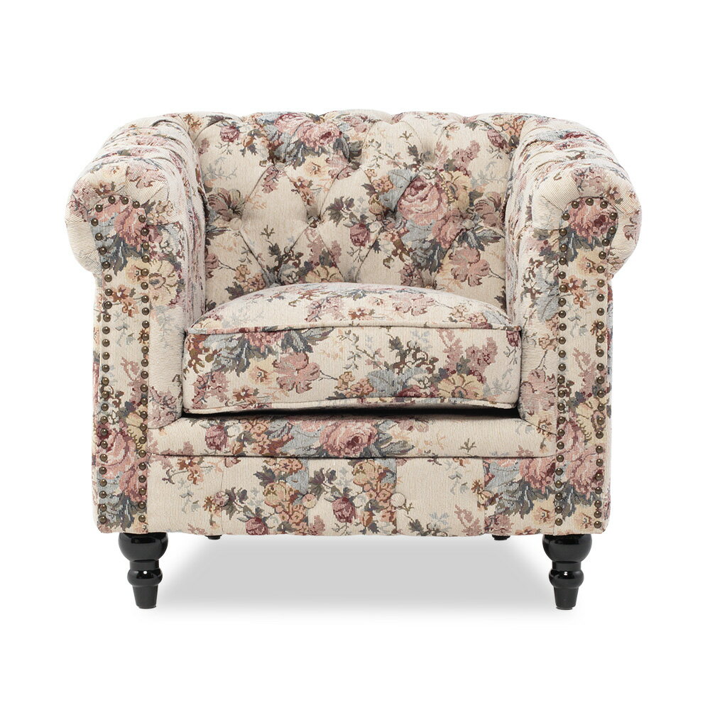 VINCENT ヴィンセントシリーズ 英国調 1人掛けソファ シングルソファー 1人用 コンパクト アンティーク調 レトロ クラシカル おしゃれ かっこいい 可愛い カジュアル 店舗什器 書斎 ディスプレイ レストラン ホテル 木製 輸入家具 布地 クラシックフラワー VC1F254K