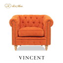 VINCENT ヴィンセントシリーズ 英国調 1人掛けソファ シングルソファー 1人用 コンパクト アンティーク調 レトロ クラシカル おしゃれ かっこいい 可愛い ナチュラル 店舗什器 ディスプレイ レストラン ホテル 木製 輸入家具 布地 オレンジ×ナチュラルレッグ VC1F262N