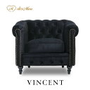 VINCENT ヴィンセントシリーズ 英国調 1人掛けソファ シングルソファー 1人用 コンパクト アンティーク調 レトロ クラシカル おしゃれ かっこいい かわいい 店舗什器 撮影什器 書斎 ディスプレイ レストラン ホテル カフェ 木製 輸入家具 布地 黒 ブラックベルベット VC1F44K