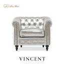 VINCENT ヴィンセントシリーズ 英国調 1人掛けソファ シングルソファー 1人用 コンパクト アンティーク調 レトロ クラシカル おしゃれ かっこいい かわいい 店舗什器 応接室 書斎 ディスプレイ レストラン オフィス ホテル 木製 輸入家具 合成皮革 合皮 シルバー VC1P112K
