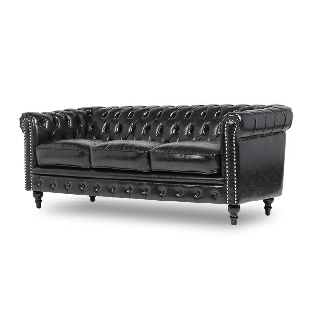 VINCENT ヴィンセントシリーズ 英国調 3人掛けソファ 3シート トリプル コンパクト アンティーク調 レトロ クラシカル おしゃれ かっこいい 店舗什器 撮影什器 応接室 書斎 ディスプレイ レストラン ホテル サロン お店 輸入家具 合成皮革 合皮 黒 シャインブラック VC3P51K [2]