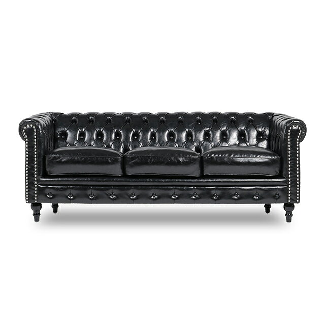 VINCENT ヴィンセントシリーズ 英国調 3人掛けソファ 3シート トリプル コンパクト アンティーク調 レトロ クラシカル おしゃれ かっこいい 店舗什器 撮影什器 応接室 書斎 ディスプレイ レストラン ホテル サロン お店 輸入家具 合成皮革 合皮 黒 シャインブラック VC3P51K