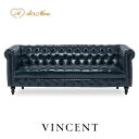 VINCENT ヴィンセントシリーズ 英国調 3人掛けソファ トリプル コンパクト アンティーク調 レトロ クラシカル おしゃれ かっこいい 店舗什器 撮影什器 応接 ロビー 書斎 オフィス ディスプレイ レストラン ホテル サロン 輸入家具 合成皮革 合皮 青 ブルー VCB3P58K