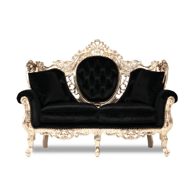 VENETIAN ヴェネチアンシリーズ 2人掛けソファ アンティーク調 イタリー調 2シート 二人用 猫脚 彫刻 豪華 ゴージャス ラグジュアリー 高級感 大きめ 木製 輸入家具 店舗 ホテル サロン レストラン ロビー 応接室 箔フレーム 布地 黒 ロゼ×ブラックベルベット 1011-2-52F44B