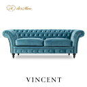 VINCENT ヴィンセントシリーズ 英国調 3人掛けソファ 3人用 トリプル コンパクト アンティーク調 レトロ クラシカル エレガント 上品 高級感 可愛い おしゃれ 店舗什器 応接室 サロン ディスプレイ レストラン ホテル 木製 輸入家具 布地 ターコイズブルー VJ3F251K