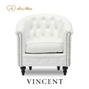 VINCENT ヴィンセントシリーズ ラウンジソファ 1人掛けソファ シングルソファー 1人用 コンパクト 英国アンティーク調 レトロ クラシカル おしゃれ かっこいい 店舗什器 応接 ブライダル ウェディング カフェ ホテル サロン 木製 輸入家具 合成皮革 合皮 白 ホワイト VL1P65K