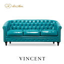VINCENT ヴィンセントシリーズ ラウンジソファ 3人掛けソファ 3人用 トリプル コンパクト 英国アンティーク調 レトロ クラシカル おしゃれ かっこいい 店舗什器 応接 書斎 ディスプレイ レストラン ホテル サロン 木製 輸入家具 合成皮革 合皮 ターコイズブルー VL3P49K