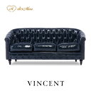 VINCENT ヴィンセントシリーズ ラウンジソファ 3人掛けソファ 3人用 トリプル コンパクト 英国アンティーク調 レトロ クラシカル おしゃれ かっこいい 店舗什器 応接室 書斎 ディスプレイ レストラン ホテル サロン お店 木製 輸入家具 合成皮革 合皮 青 ブルー VL3P58K