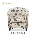 VINCENT ヴィンセントシリーズ ラウンジソファ 1人掛けソファ シングルソファー 1人用 コンパクト 英国アンティーク調 レトロ クラシカル おしゃれ かっこいい 店舗什器 応接室 レストラン カフェ ラウンジ ホテル サロン 木製 輸入家具 布地 貝殻 シーシェル VLA1F201K