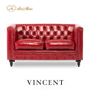 VINCENT ヴィンセントシリーズ 英国調 2人掛けソファ 2シート 2人用 コンパクト フラットスタイル 直線的 アンティーク調 レトロ クラシカル モダン おしゃれ かっこいい 店舗什器 応接室 書斎 カフェ レストラン ホテル 木製 輸入家具 合成皮革 合皮 赤 レッド VM2P63K