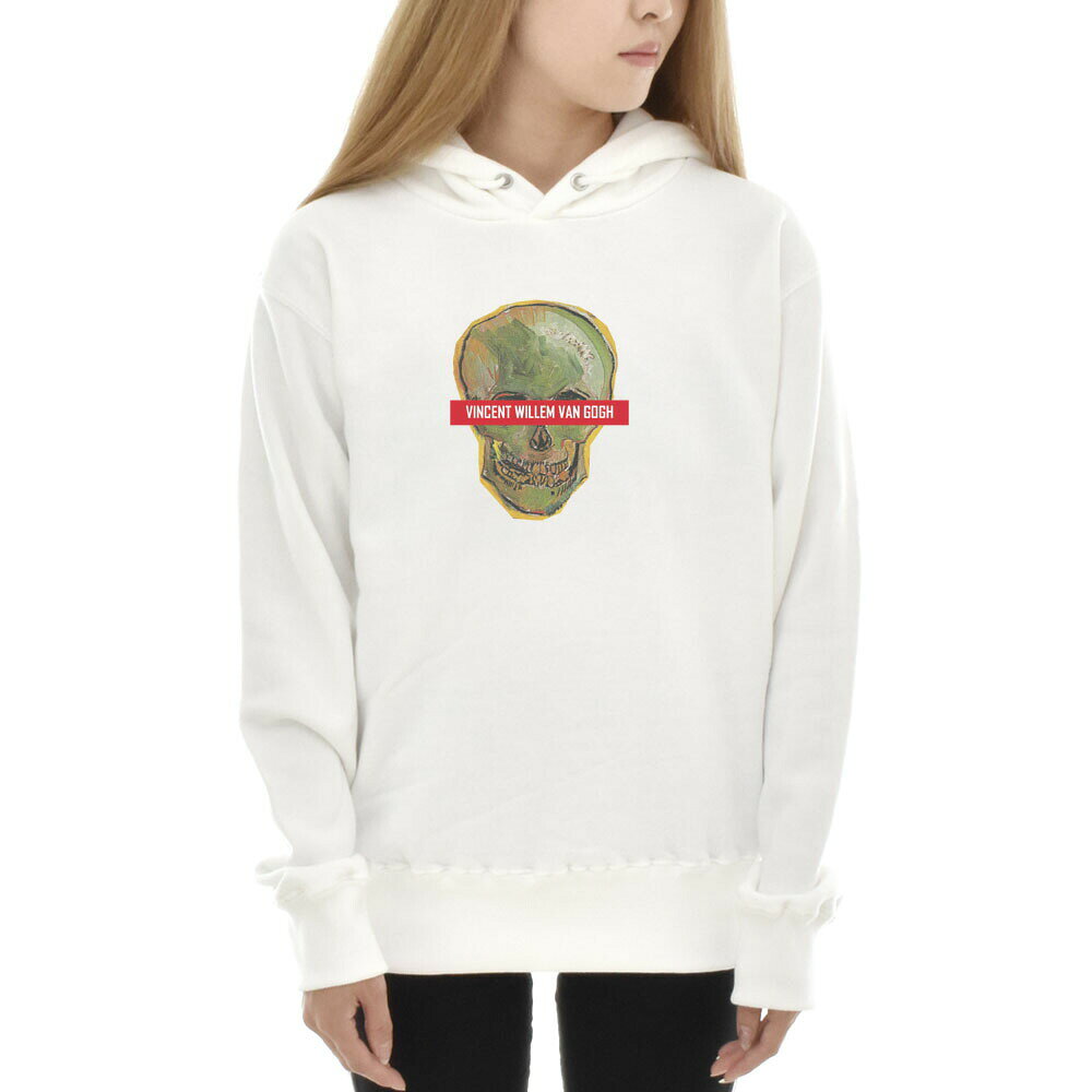 【アートパーカー】ゴッホ パーカー 骸骨 フィンセント・ファン・ゴッホ Life is ART ライフ イズ アート 長袖 スウェット スエット ロングスリーブ メンズ レディース 大きいサイズ ビック おしゃれ 絵画 名画 S M L XL XXL ホワイト 白 ブランド 美術 父の日